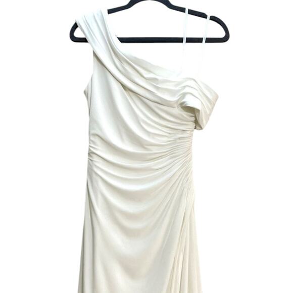 Mac Duggal Foldover Off-Shoulder Asymmetric Ruched White Jersey Maxi Gown sz 14 - Picture 8 of 16